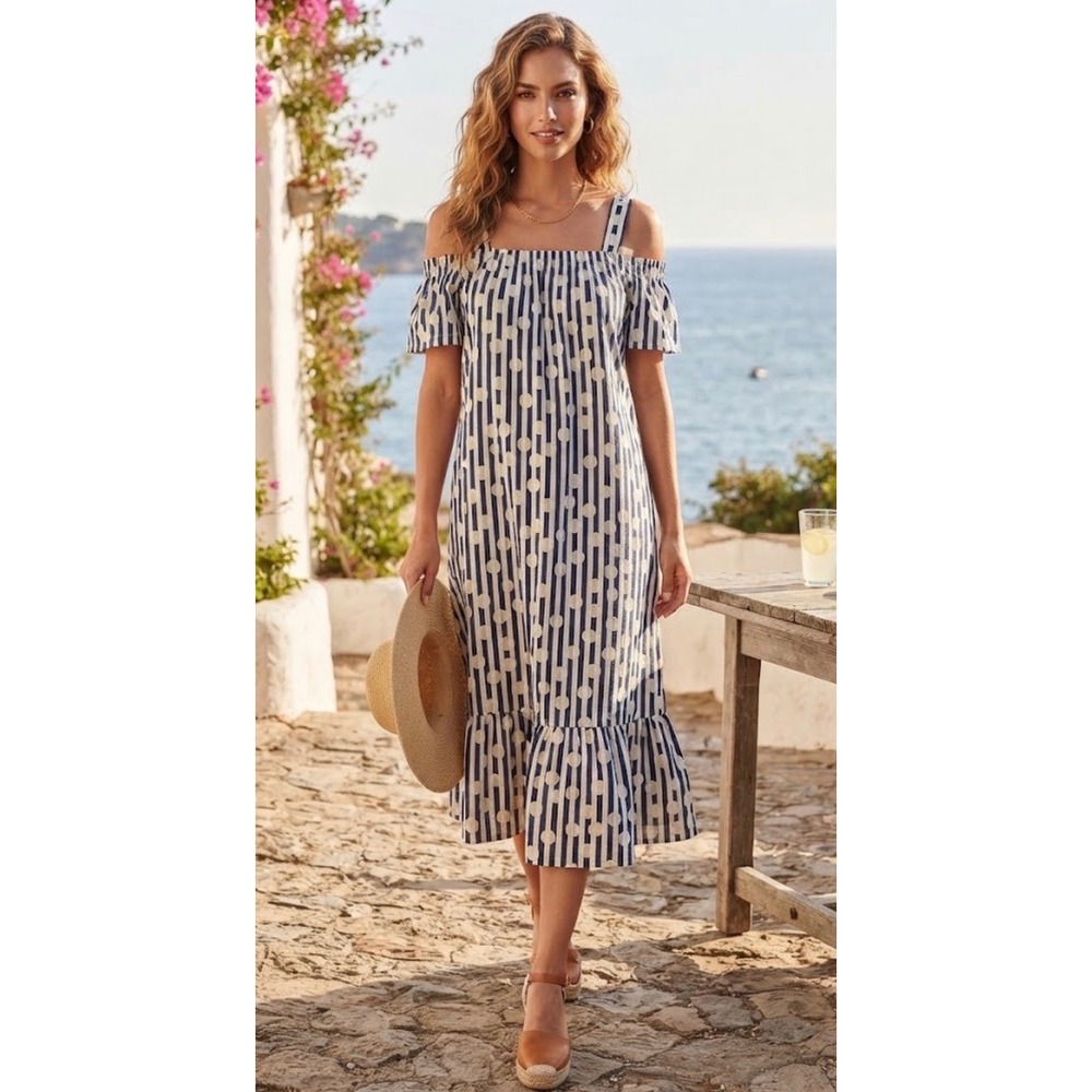 Isaac Mizrahi Live Navy Blue White Striped Polka Dot Cold Shoulder Dress Size 0